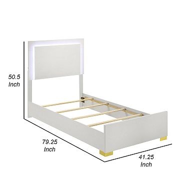 Dex Twin Size Bed With Led Framed Headboard, White Wood Finish, Gold Legs