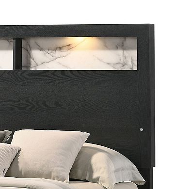 Yoh King Size Bed, Wood, Headboard With Lights And Shelves, Black