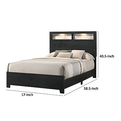 Yoh King Size Bed, Wood, Headboard With Lights And Shelves, Black