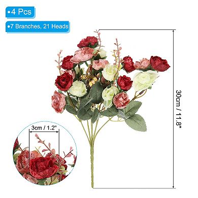 7 Branch 21 Heads Artificial Silk Mini Rose Flower with Stem for Decor, 4 Pack