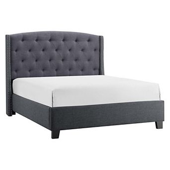 Elle Queen Size Bed, Low Profile, Gray Button Tufted Upholstered Headboard