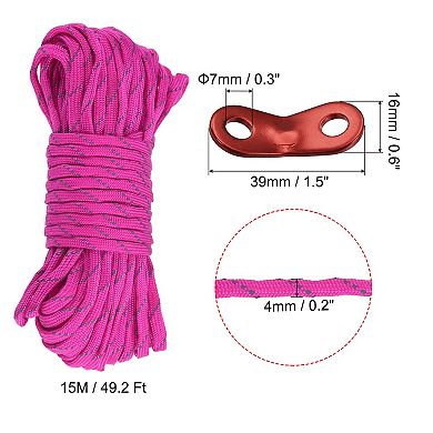 49.2ft 4mm Reflective Camping Guyline Rope Dark Pink 2pcs With Cord Adjusters 4pcs, 1 Set