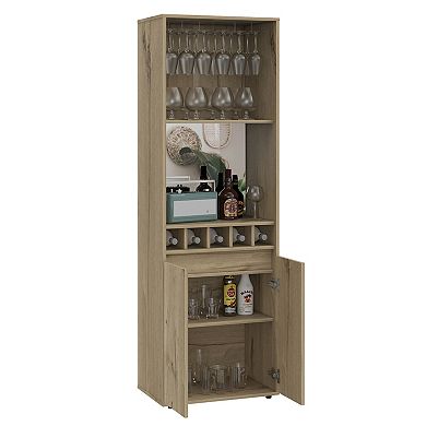 Redding Bar Cabinet, One Cabinet, Interior Shelves, Five Bottle Cubbies, Two Shelves