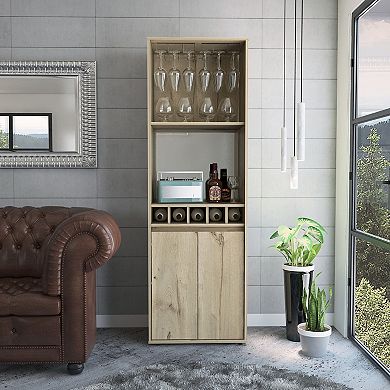 Redding Bar Cabinet, One Cabinet, Interior Shelves, Five Bottle Cubbies, Two Shelves