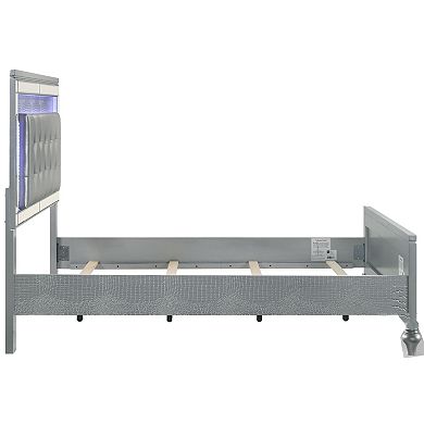 Lee Full Size Bed, Led, Tufted Faux Leather Upholstery, Textured Silver