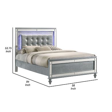 Lee Full Size Bed, Led, Tufted Faux Leather Upholstery, Textured Silver