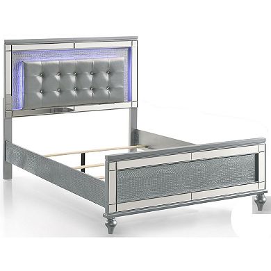 Lee Full Size Bed, Led, Tufted Faux Leather Upholstery, Textured Silver