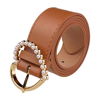 Women's Belt Heart-shaped Encrusted Buckle With Beads Solid Color Waistband For Dress Camel No Size