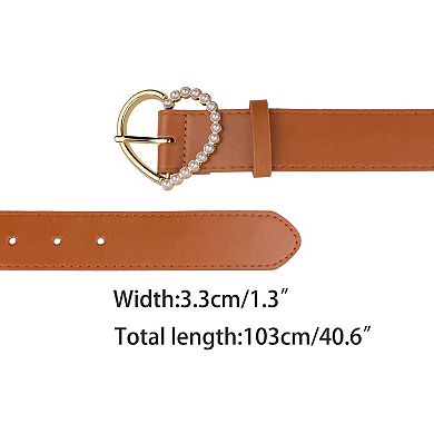 Women's Belt Heart-shaped Encrusted Buckle With Beads Solid Color Waistband For Dress Camel No Size