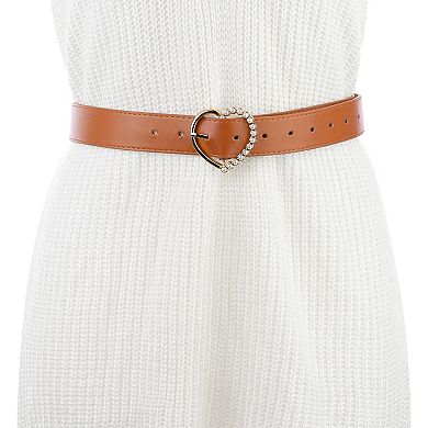 Women's Belt Heart-shaped Encrusted Buckle With Beads Solid Color Waistband For Dress Camel No Size