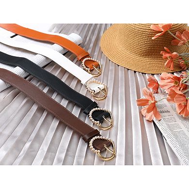 Women's Belt Heart-shaped Encrusted Buckle With Beads Solid Color Waistband For Dress Camel No Size