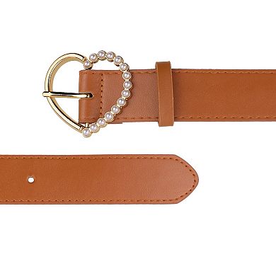 Women's Belt Heart-shaped Encrusted Buckle With Beads Solid Color Waistband For Dress Camel No Size