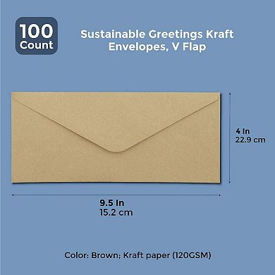 100x Kraft Envelopes V Flap With Gummed Glue Seal For Office, 9.5 X 4 Inch Brown