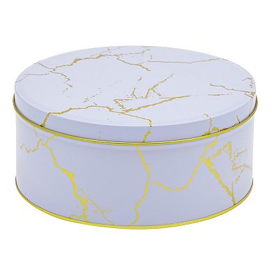 Set Of 3 Marbled Round Nesting Tins With Lids For Cookies, Lavender And Gold