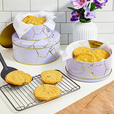 Set Of 3 Marbled Round Nesting Tins With Lids For Cookies, Lavender And Gold