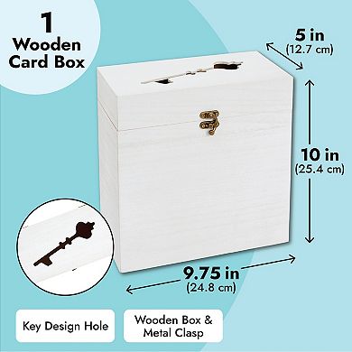 Rustic Wooden Wedding Card Box With Lock And Slot For Reception, White, 9.8x5x10