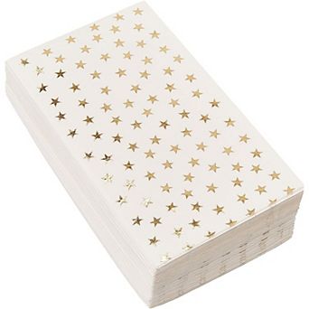 50 Pack White And Gold Dinner Napkins, Disposable W/ Gold Stars 3 Ply, 4x8 In