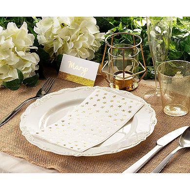 50 Pack White And Gold Dinner Napkins, Disposable W/ Gold Stars 3 Ply, 4x8 In