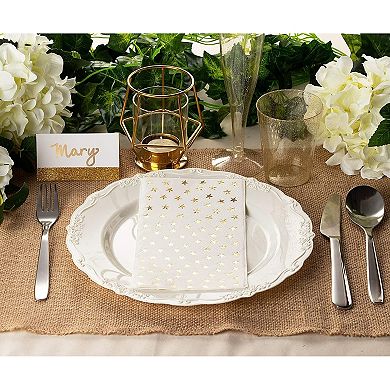 50 Pack White And Gold Dinner Napkins, Disposable W/ Gold Stars 3 Ply, 4x8 In