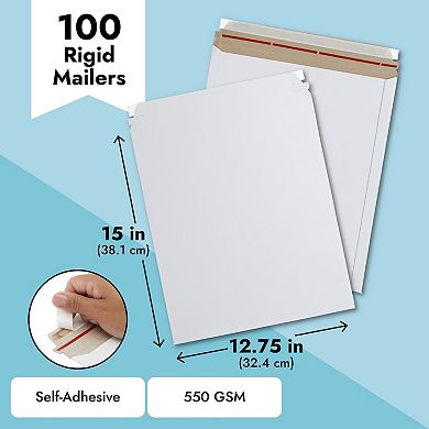 Rigid Mailing Envelopes, Stay Flat Mailers (white, 12.75 X 15 In, 100 Pack)