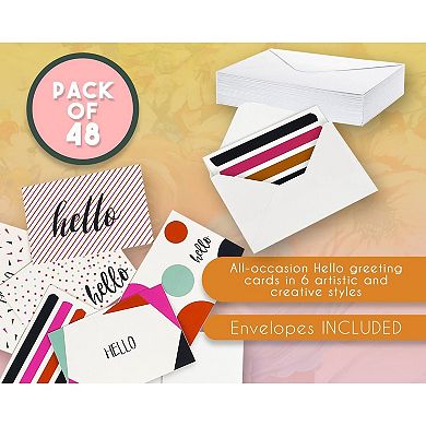 48 Pack All Occasion Blank Hello Cards With Envelopes, 6 Designs, 4x6 In