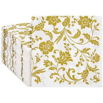 100 Pack White And Gold Floral Paper Napkins, Wedding Party Supplies, 6.5 In