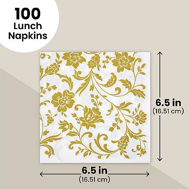 100 Pack White And Gold Floral Paper Napkins, Wedding Party Supplies, 6.5 In