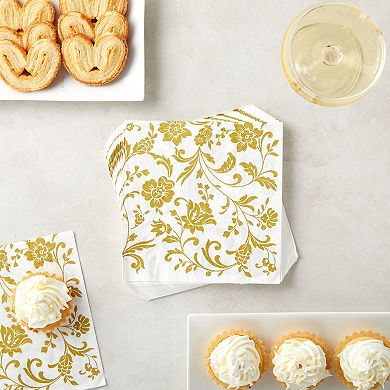 100 Pack White And Gold Floral Paper Napkins, Wedding Party Supplies, 6.5 In