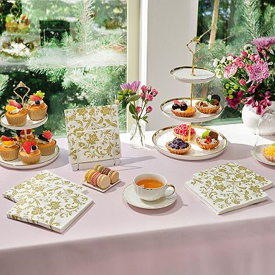 100 Pack White And Gold Floral Paper Napkins, Wedding Party Supplies, 6.5 In