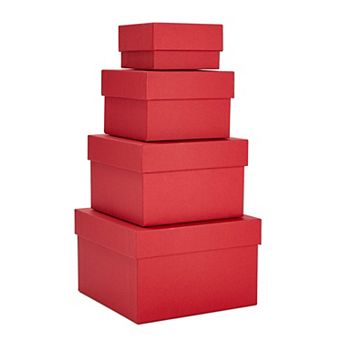 4 Pack Square Nesting Gift Boxes, Decorative Boxes With Lids In 4 Sizes, Red