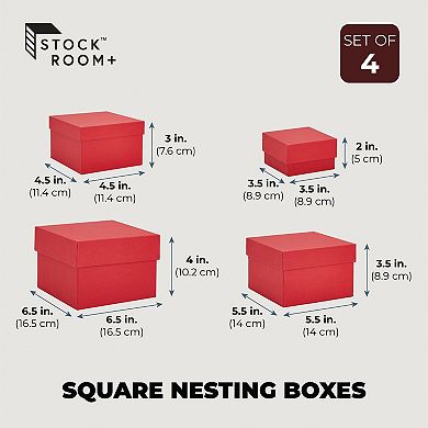4 Pack Square Nesting Gift Boxes, Decorative Boxes With Lids In 4 Sizes, Red