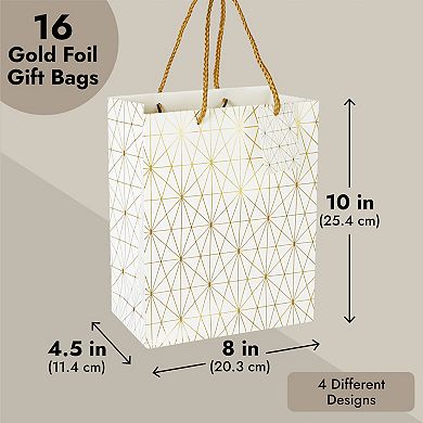 16-pack Medium White And Gold Gift Bags With Handles, 4 Designs, 8 X 10 ...