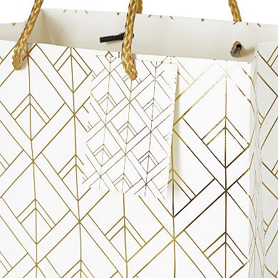 16-pack Medium White And Gold Gift Bags With Handles, 4 Designs, 8 X 10 X 4.5"