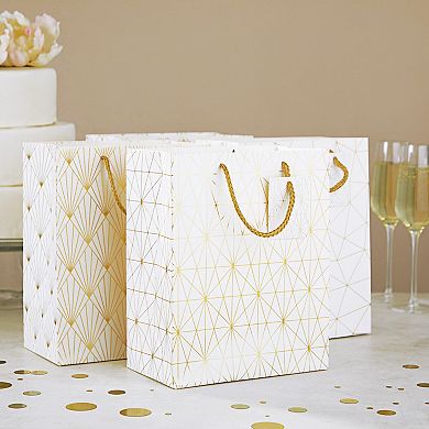 16-pack Medium White And Gold Gift Bags With Handles, 4 Designs, 8 X 10 X 4.5"