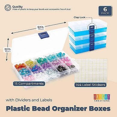 6 Pack Plastic Bead Organizer Container, Earring Storage With Divider, 7x4x1 In