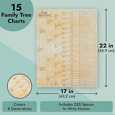 15 Pack Family Tree Charts To Fill In, Eight Generation Genealogy Poster, 17x22"