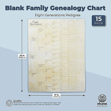 15 Pack Family Tree Charts To Fill In, Eight Generation Genealogy Poster, 17x22"