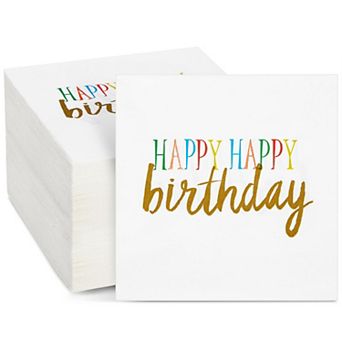 Happy Birthday Rainbow Party Supplies, Paper Napkins (5 X 5 in White, 100 Pack)