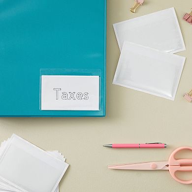 100 Pack Plastic Label Holders For 3x5 Index Cards, Clear Self-adhesive Pockets