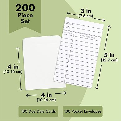 200 Pc Set Of 100 Library Card Pockets, 100 Due Date Cards, Self-adhesive, 3.5"