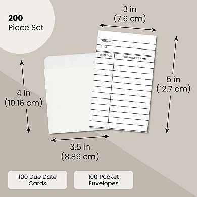 200 Pc Set Of 100 Library Card Pockets, 100 Due Date Cards, Self-adhesive, 3.5"