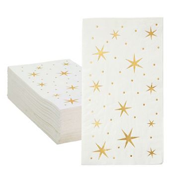 50 Pack Gold And White Dinner Napkins With Stars, Gold Foil Designs, 4 X 8 in