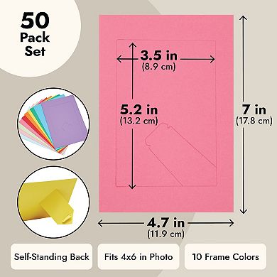 50 Pack Cardboard Picture Frames With Easel Stand, 10 Rainbow Colors, 4x6 In