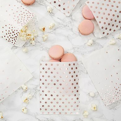 100 Rose Gold Foil Dots Paper Treat Bags For Cookies, Candy Buffet, 5 X 7.5 In
