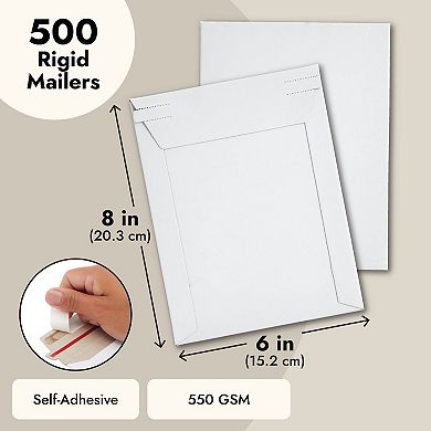 500-pack Mailers That Stay Flat 6x8 In, Self-adhesive White Cardboard Envelopes
