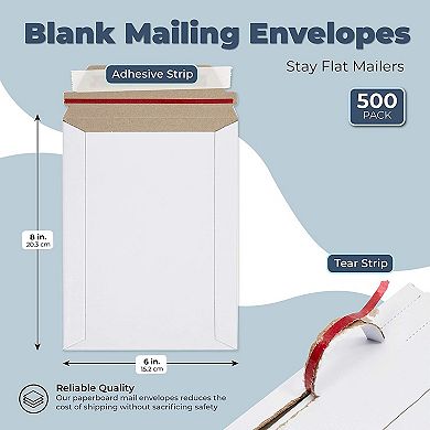 500-pack Mailers That Stay Flat 6x8 In, Self-adhesive White Cardboard Envelopes