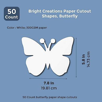 50x Paper Cutout Shapes, Butterfly Diecuts For Kids Crafts, 7.5 X 6 Inch, White