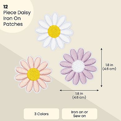 Fabric Iron On Patches, Daisy Flowers In 3 Colors (1.8 X 1.8 In, 12 Pack)