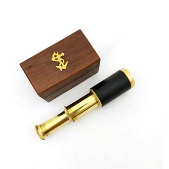 Small Brass Telescope with Pullout Wooden Box, Gold and Brown