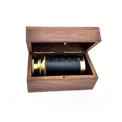 Small Brass Telescope with Pullout Wooden Box, Gold and Brown